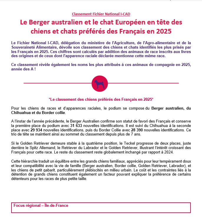 CP Classement animaux préférés des Français